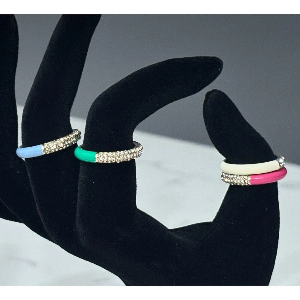 J Crew Ring Lot Pave Crystal Enamel Stackable Stacking Rhinestone Band